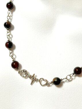 Genuine Dark Brown Agate Necklace, Natural Gemstone & Paw Print Heart Beat Charm